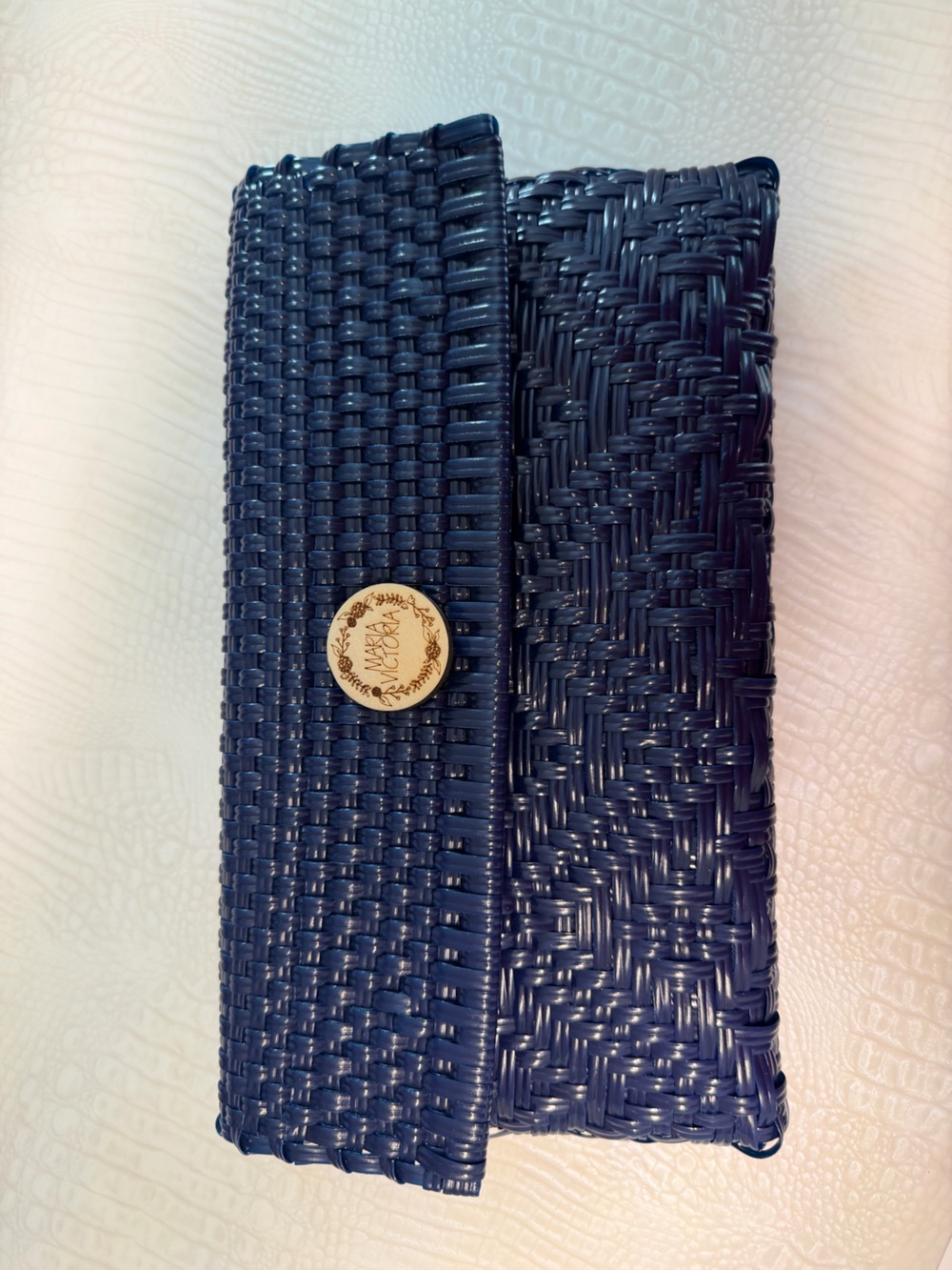 Maria Victoria Navy Woven Clutch with Gold Accent